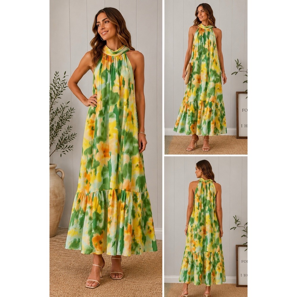 1.STATE Watercolor Floral Halter Midi Dress Women's Medium Resort Vacation